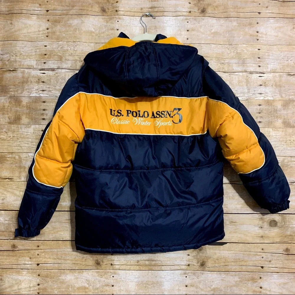 US polo assn boys L puffer hood coat fleece jacket blue snow warm
